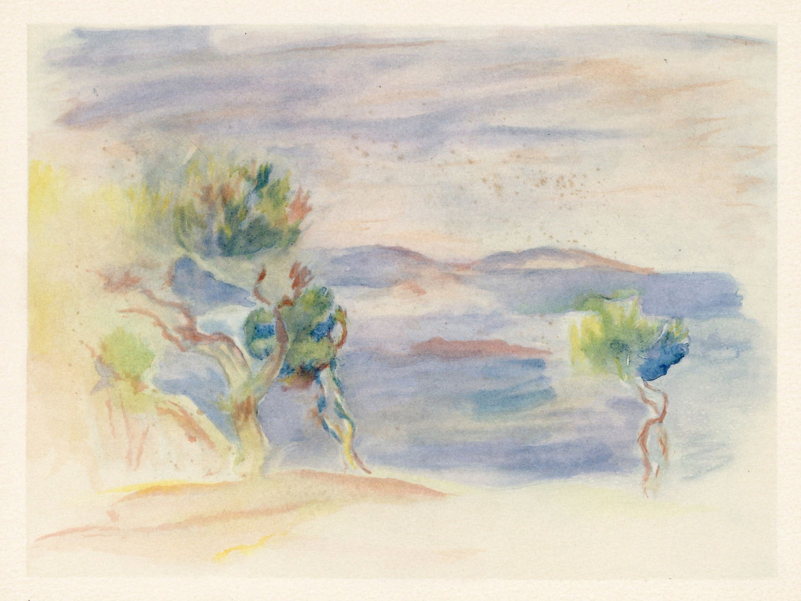 Pierre-Auguste Renoir pochoir "L'Estaque": Title: Pierre-Auguste Renoir pochoir "L'Estaque" Description: Medium: lithograph with pochoir coloring (after the 1883 watercolor). Printed in 1948 on Johannot paper for the rare "Seize Aquarelles et