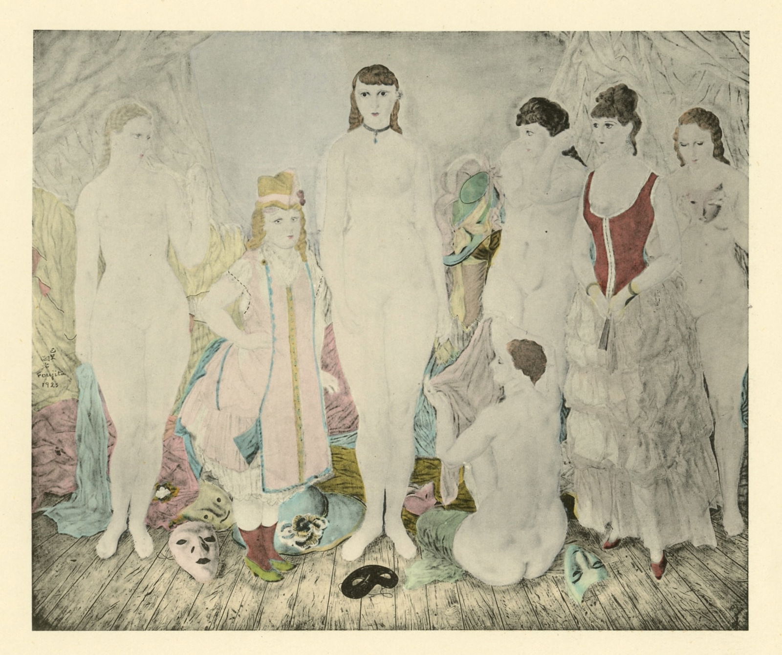 Tsugoharu Foujita "Avant le bal" pochoir: Title: Tsugoharu Foujita "Avant le bal" pochoir Description: Medium: pochoir (after the watercolor). Printed in 1927 and published in Paris by Albert Morance for "L'Art d'Aujourd'hui", and now very sc