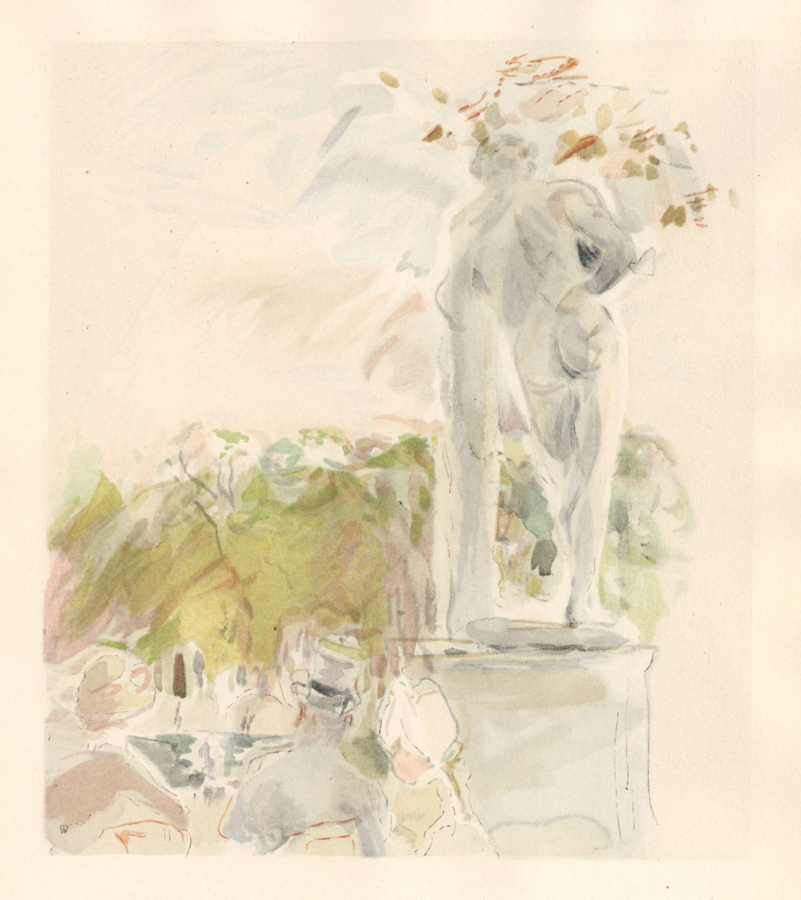 Berthe Morisot pochoir "Les Tuileries": Title: Berthe Morisot pochoir "Les Tuileries" Description: Medium: pochoir (after the 1885 watercolor). Printed 1946 in a limited edition of 300 for the rare "Berthe Morisot Seize Aquarelles" portfoli