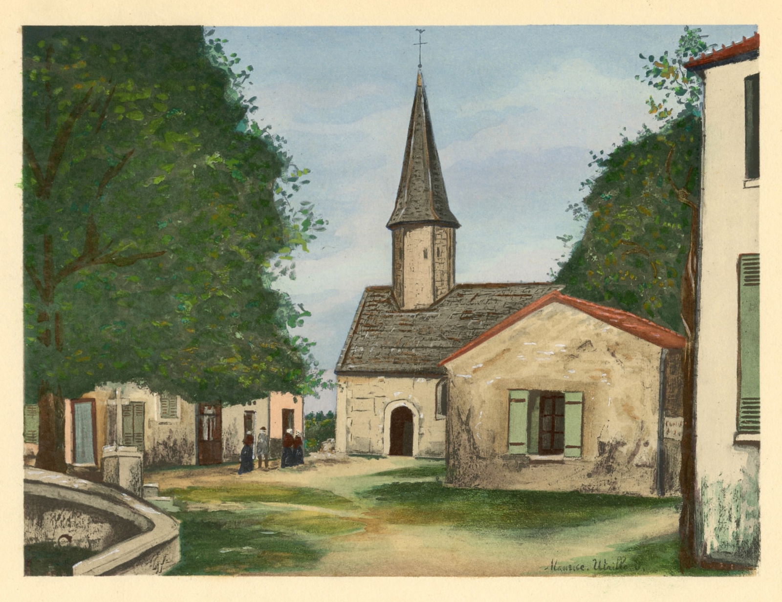 Maurice Utrillo pochoir "L'Eglise Sainte-Hilaire": Title: Maurice Utrillo pochoir "L'Eglise Sainte-Hilaire" Description: Medium: pochoir (after the painting). Published in Paris in 1929 by Editions des Chroniques du Jour in an edition of 500. Image si