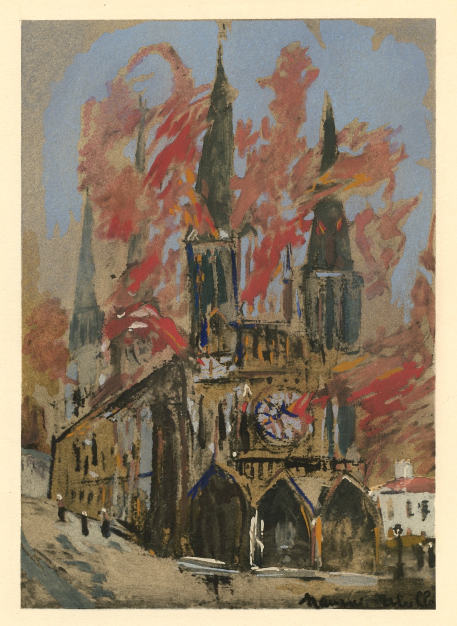Maurice Utrillo pochoir "La Cathedrale en flammes": Title: Maurice Utrillo pochoir "La Cathedrale en flammes" Description: Medium: pochoir (after the painting). Published in Paris in 1929 by Editions des Chroniques du Jour in an edition of 500. Image s