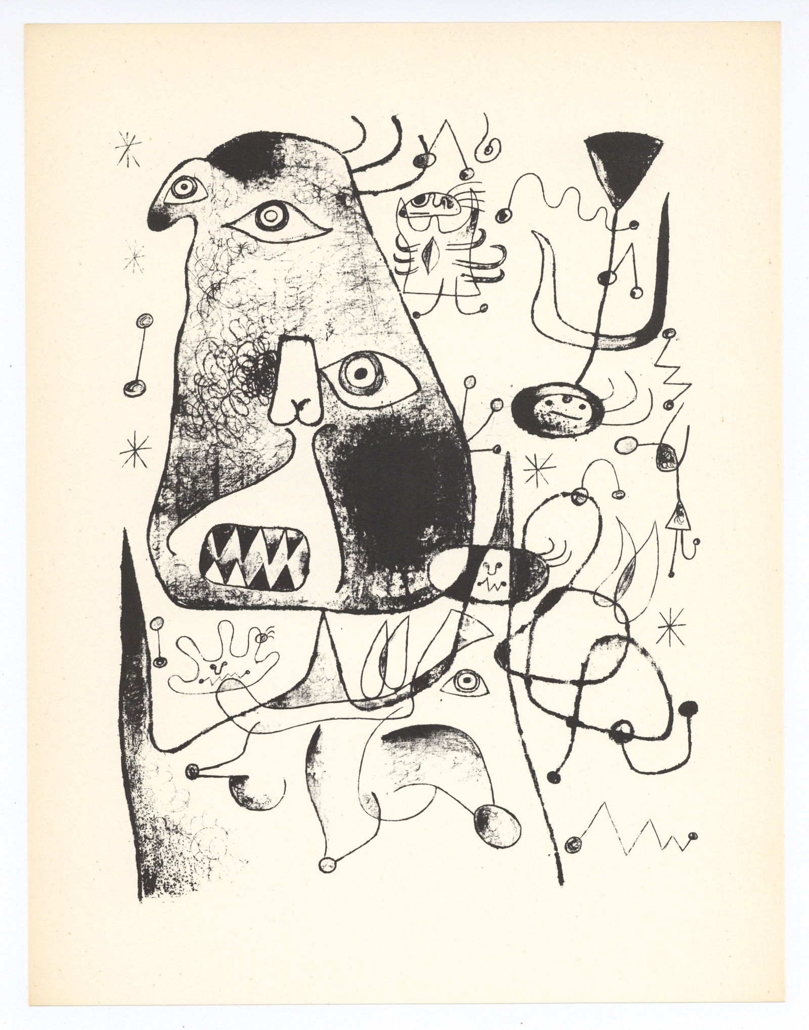 Joan Miro surrealist composition, 1947: Title: Joan Miro surrealist composition, 1947 Description: Medium: collotype (after the Miro lithograph). Printed in 1947 in an edition of 1500 by Meriden Gravure and published by Curt Valentin for