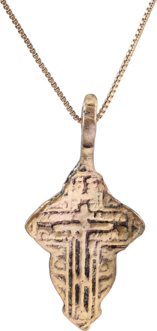 EASTERN EUROPEAN CHRISTIAN CROSS NECKLACE: 17th-18th Century, Orthodox rite. Gilt bronze. Petite example just over 1 1/2” (1.56”) total height. Raised border delineating the cross with broad beams, the cross beam above center and e