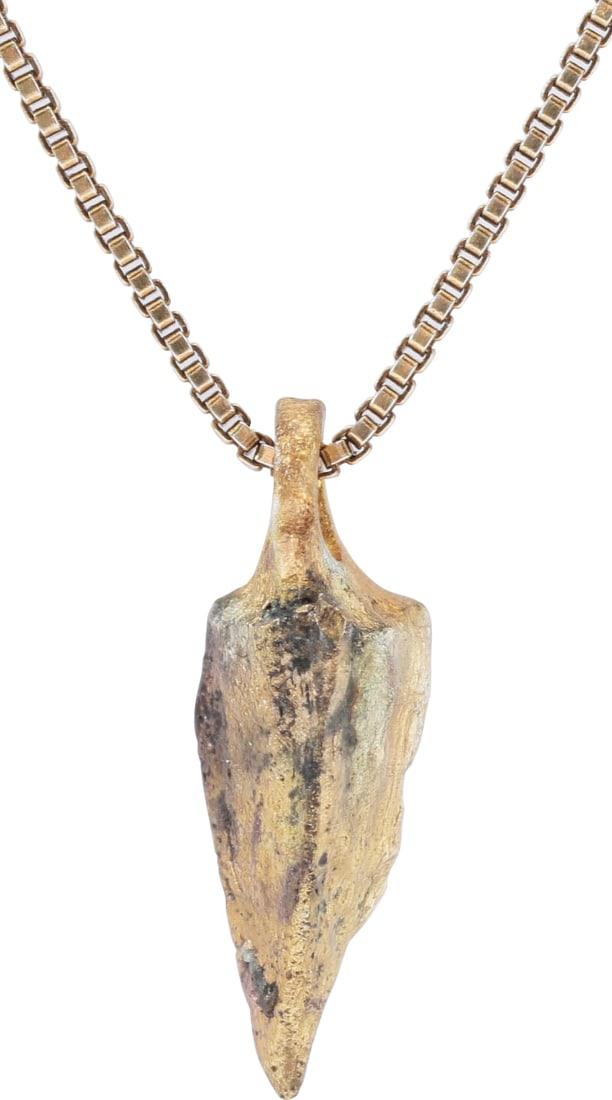 ROMAN ARROWHEAD PENDANT, 3rd-5th CENTURY AD: The period of the fall of Rome and loss of power to Germanic Barbarians. Just over 1/2" (0.51”) length plus the suspension loop. Usually lost on the battlefield and not often found in such good