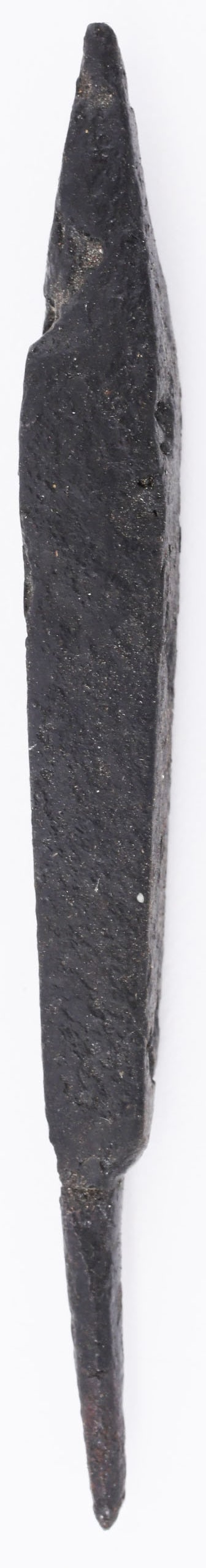 GERMAN CROSSBOW BOLT, EARLY 14th CENTURY.: Recovered at Königstein Castle, Hesse, Germany, between Frankfurt and Wiesbaden. Iron, 3 1/4" length with diamond section point and tapered tang. With a copy of the original find/collection note.