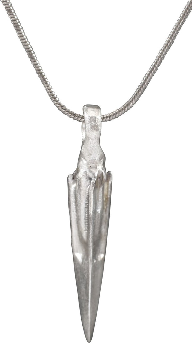 ROMAN ARROWHEAD PENDANT, 3RD-5TH CENTURY AD: The period of the fall of Rome and loss of power to Germanic Barbarians. Just over 1” length plus the suspension loop. Usually lost on the battlefield and not often found in such good preservati