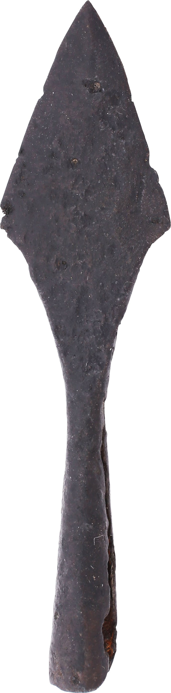 FINE VIKING SOCKETED ARROWHEAD C.866-1067 AD: Danelaw England. Finely forged iron, 3 5/8" length. The point, thin and flat both sides. A flesh cutter for surprised raiding as was done along the Mediterranean and Adriatic coast, particularly Italy