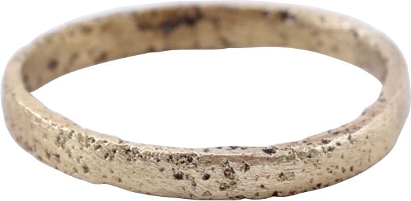 VIKING WOMAN’S WEDDING RING 866-1067 AD, SIZE 4: Danelaw England, 866-1067AD. Gilt bronze, size 4 for the small finger as was the custom. 1.8mm width, with a near flat face. The Danelaw, encompassing territory which spread from London to East Anglia
