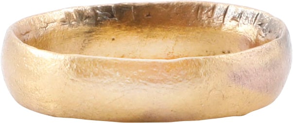 VIKING WEDDING RING, 850-1050 AD, SIZE 7: Gilt bronze, size 7. Low rounded section. The band 4.6mm width. Professionally refurbished with the 24karat gold surface restored. Jewelry gift boxed with certificate of authenticity. Vikings exchange