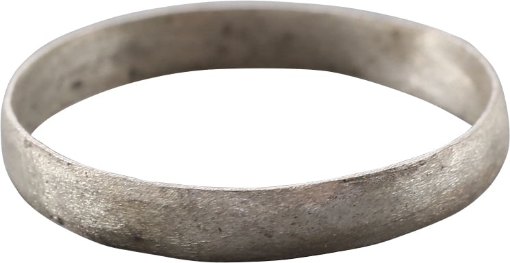 VIKING WEDDING RING, 9TH CENTURY AD, SZ 9 1/2: Cambridgeshire England. Size 9 1/2. Gilt bronze, 3.2mm rounded face band. Professionally refurbished with the pure silver surface restored. Virtually every old town in Cambridgeshire has a recorded Vi