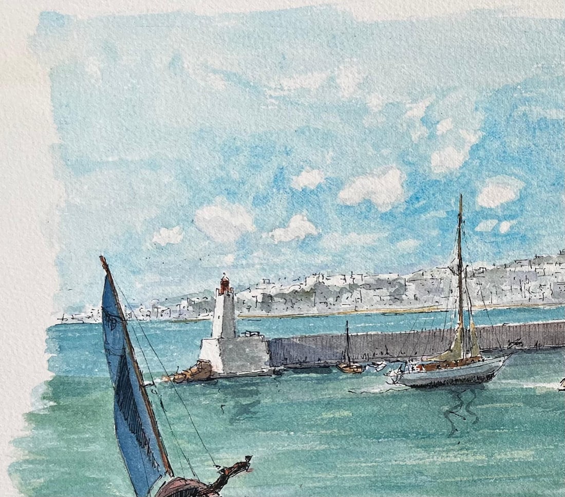 Robert Lepine (1929 - 2017); French Watercolor of Nice Port with Sailboats and Coastal Architecture, - 7