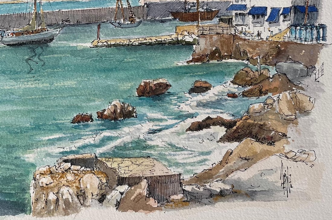 Robert Lepine (1929 - 2017); French Watercolor of Nice Port with Sailboats and Coastal Architecture, - 8