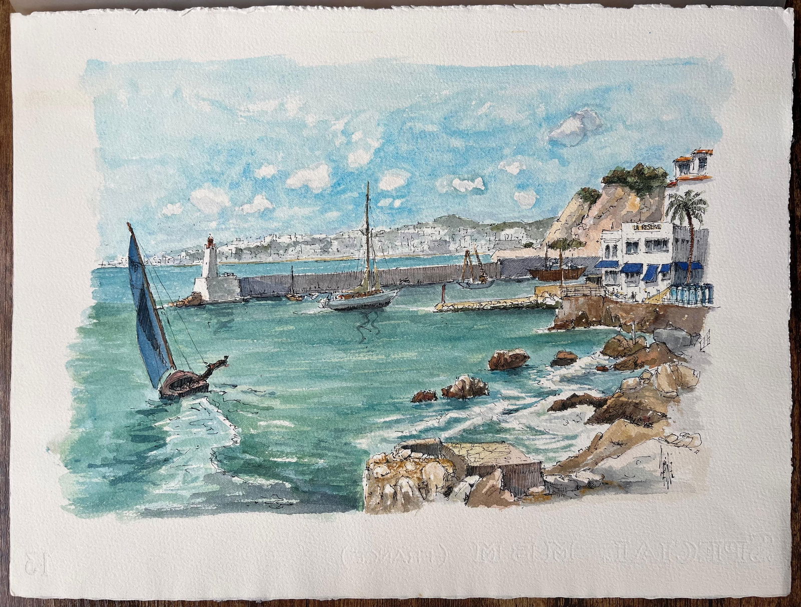 Robert Lepine (1929 - 2017); French Watercolor of Nice Port with Sailboats and Coastal Architecture, - 12