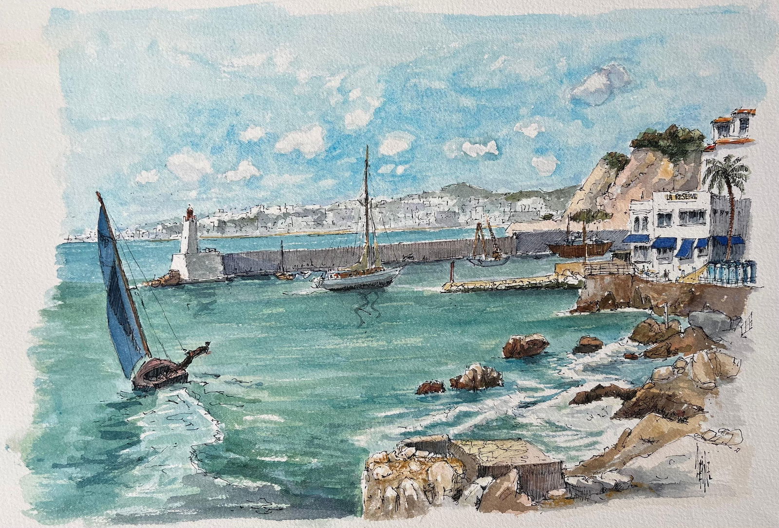 Robert Lepine (1929 - 2017); French Watercolor of Nice Port with Sailboats and Coastal Architecture, (1 of 14)