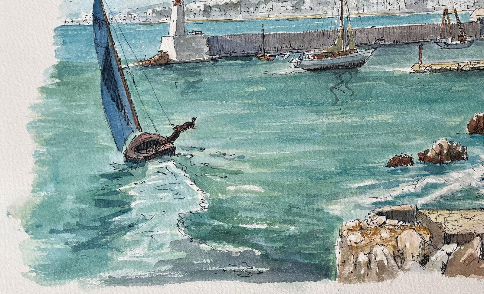 Robert Lepine (1929 - 2017); French Watercolor of Nice Port with Sailboats and Coastal Architecture, - 2