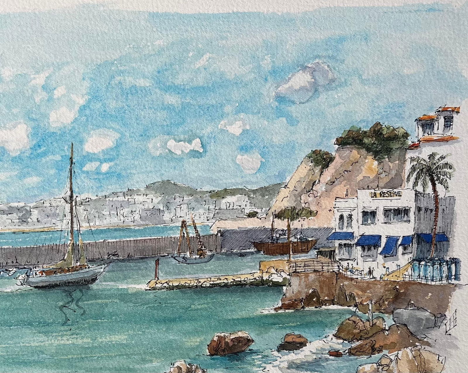 Robert Lepine (1929 - 2017); French Watercolor of Nice Port with Sailboats and Coastal Architecture, - 6
