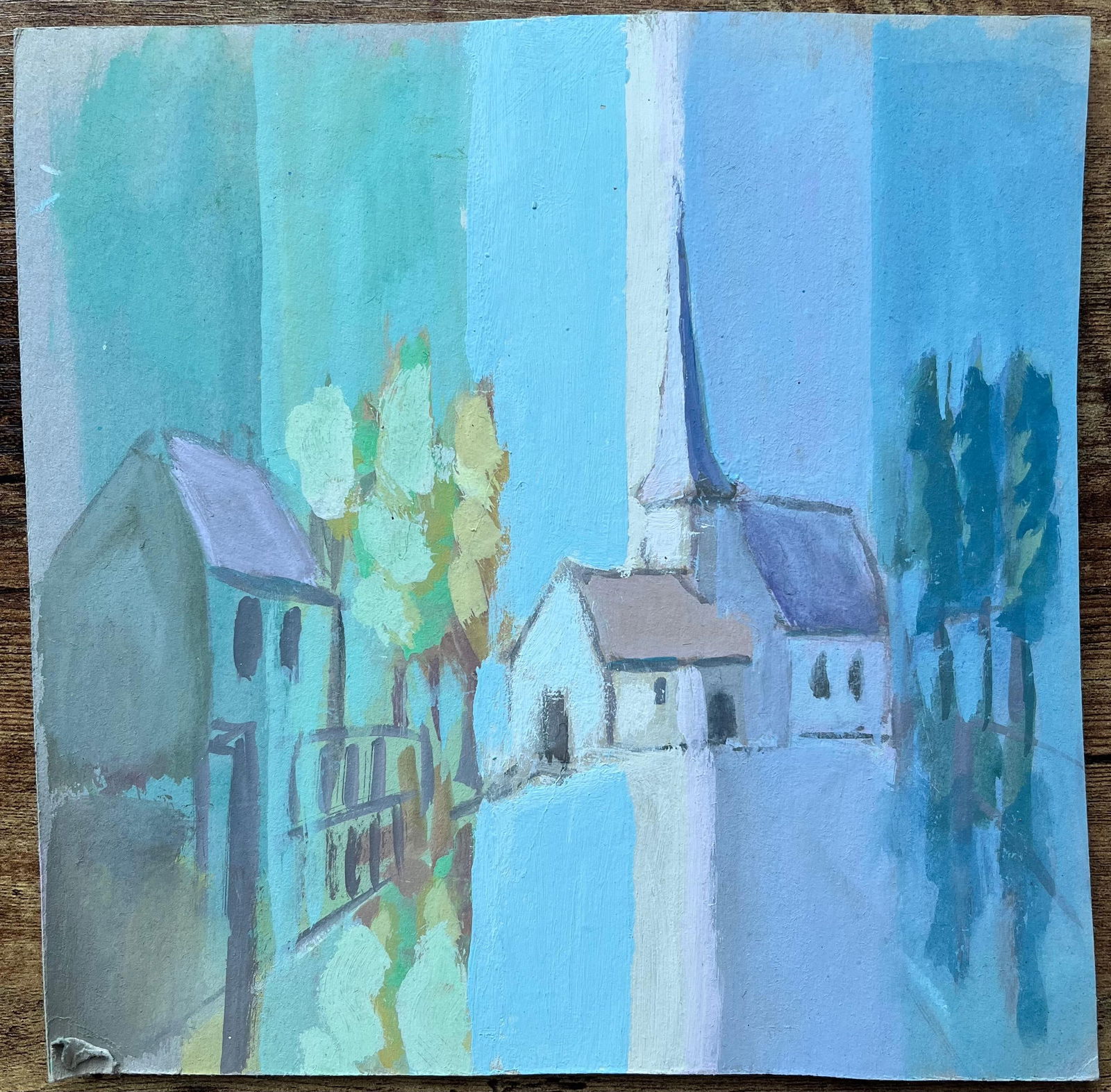 Fanch Lel; Stylised French Village Church with Trees in Cool Blue Tones - 15
