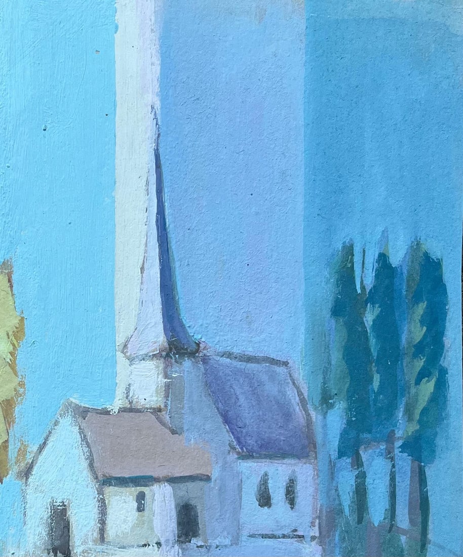 Fanch Lel; Stylised French Village Church with Trees in Cool Blue Tones - 16