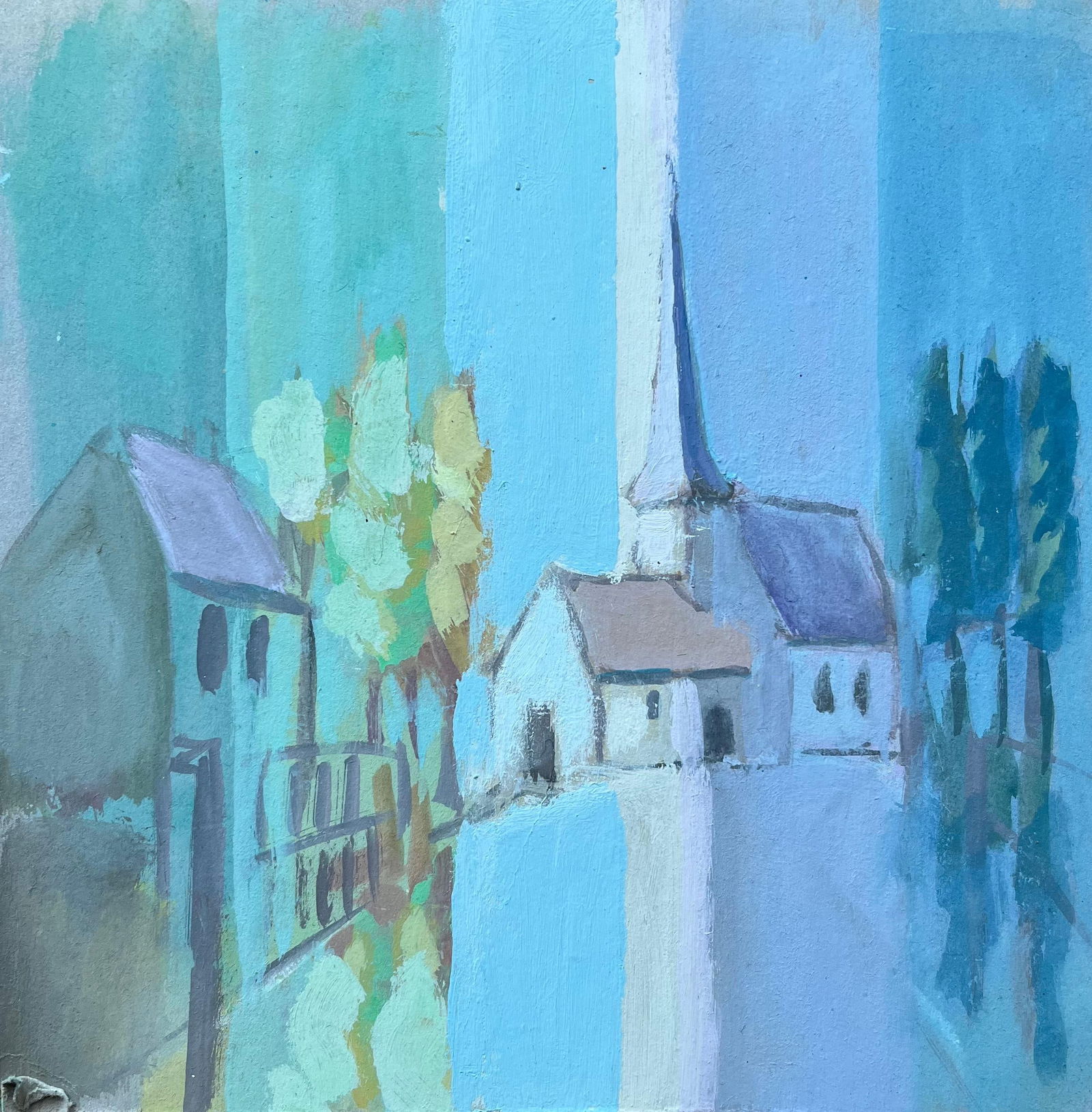 Fanch Lel; Stylised French Village Church with Trees in Cool Blue Tones (1 of 19)