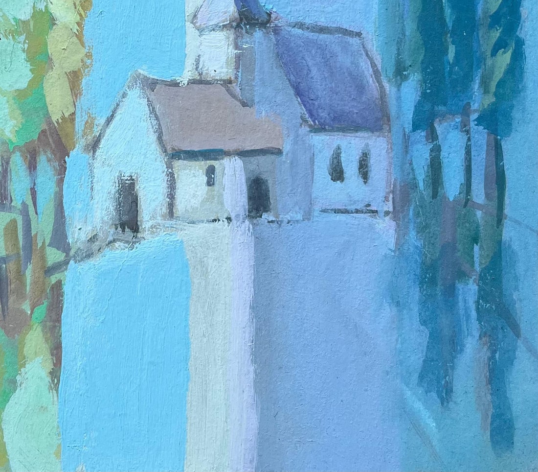 Fanch Lel; Stylised French Village Church with Trees in Cool Blue Tones - 3