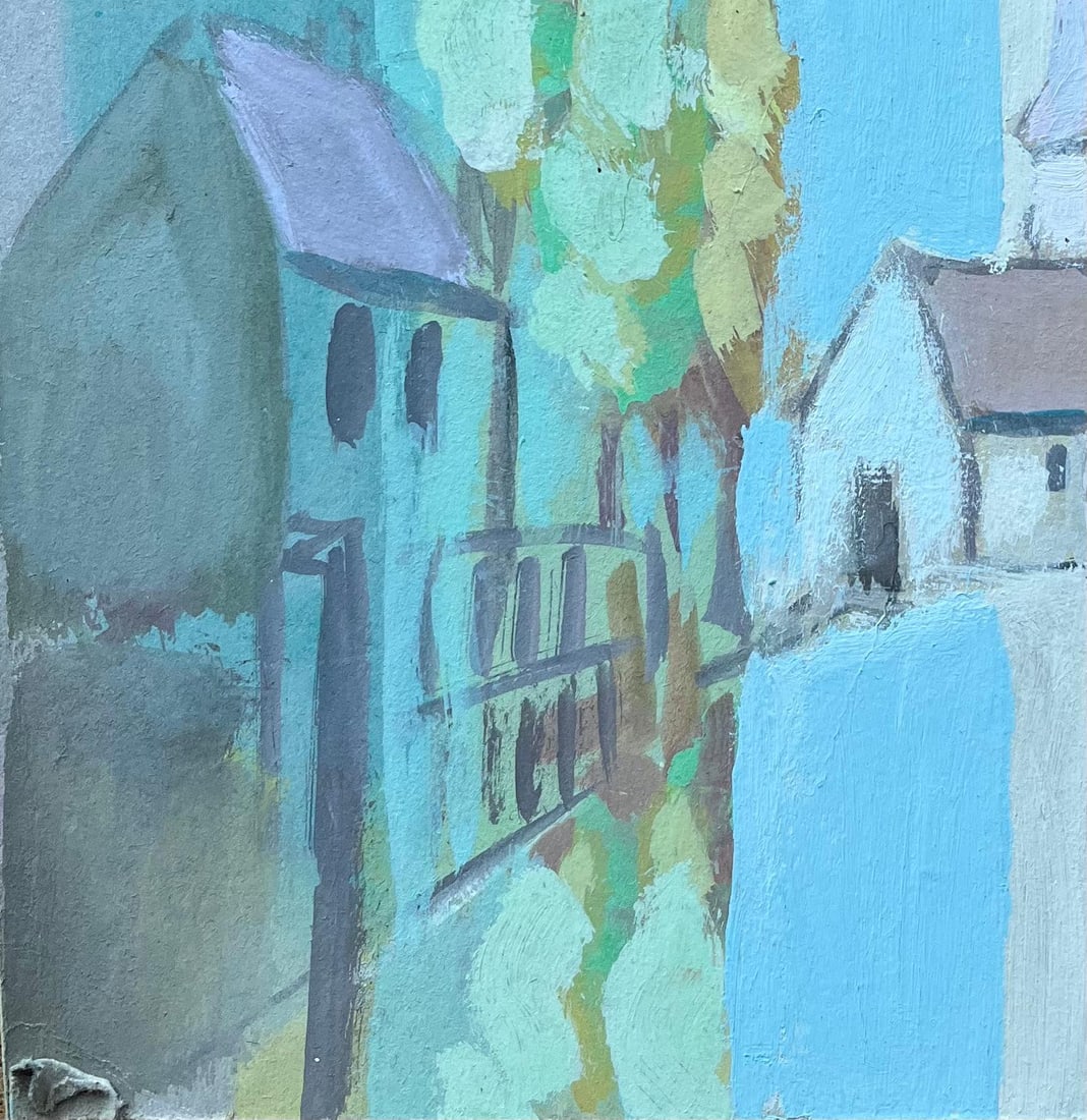 Fanch Lel; Stylised French Village Church with Trees in Cool Blue Tones - 4