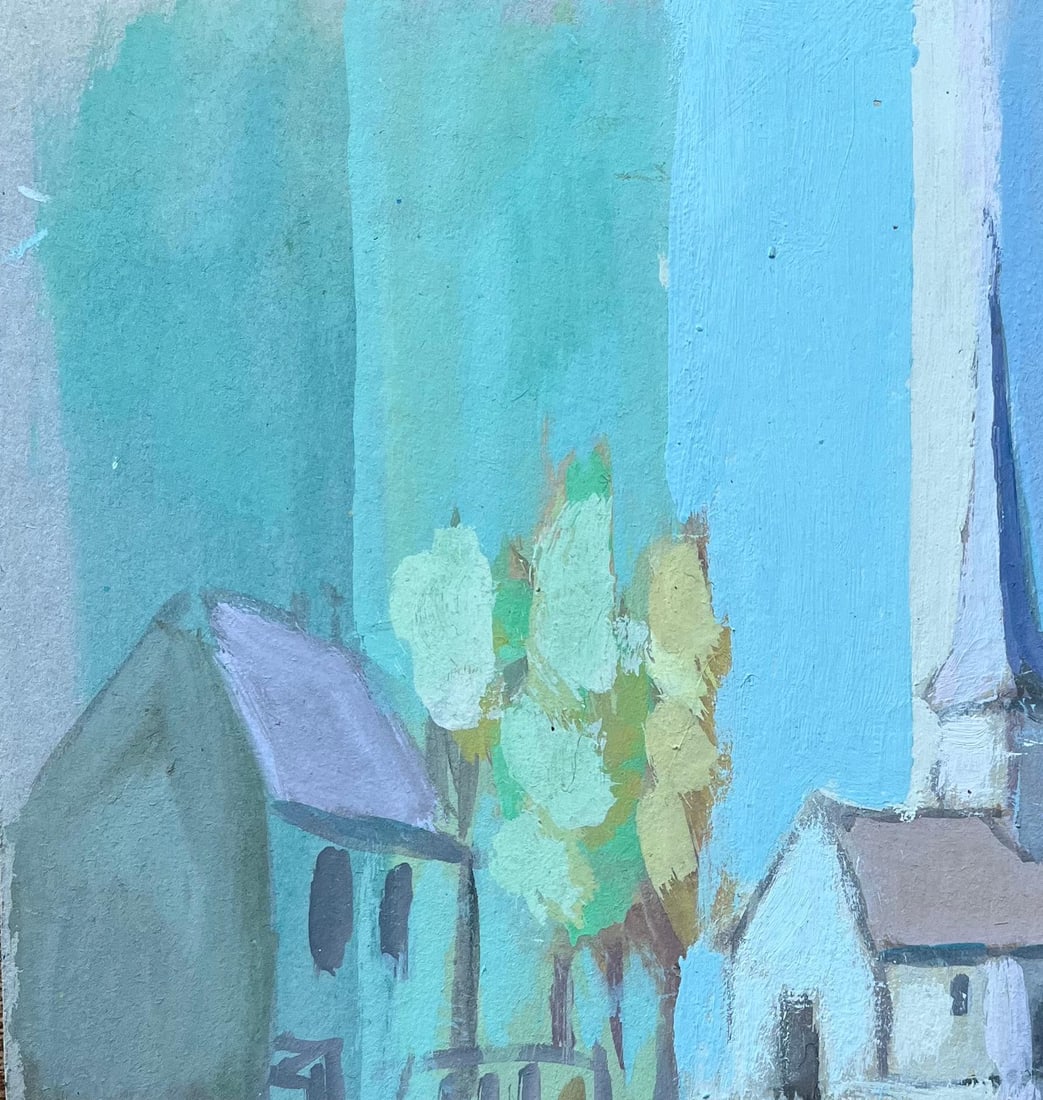 Fanch Lel; Stylised French Village Church with Trees in Cool Blue Tones - 5