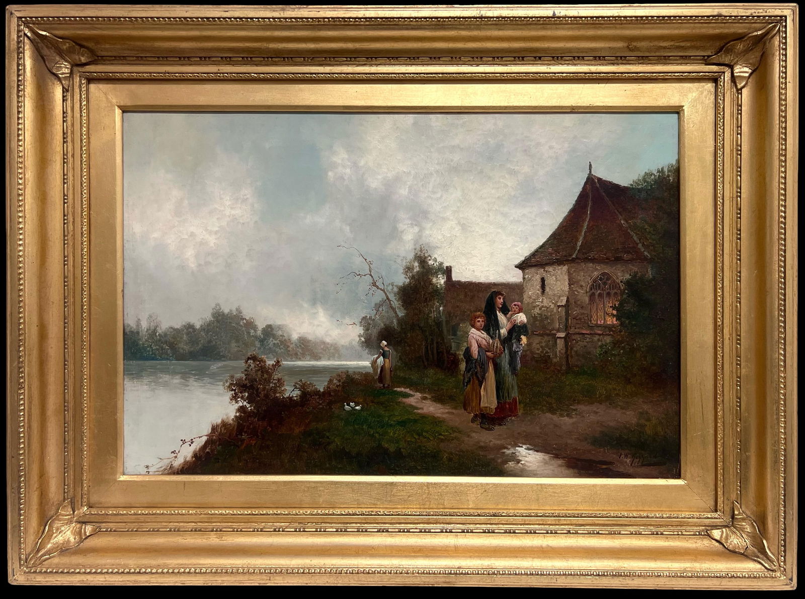 James Walter Gozzard (1888-1950); Fine Victorian British Oil Painting Young Family Walking to Church: Title: James Walter Gozzard (1888-1950); Fine Victorian British Oil Painting Young Family Walking to Church Twilight Description: The Army Officer *see notes below by Kathleen Emily Temple-Bird (Briti