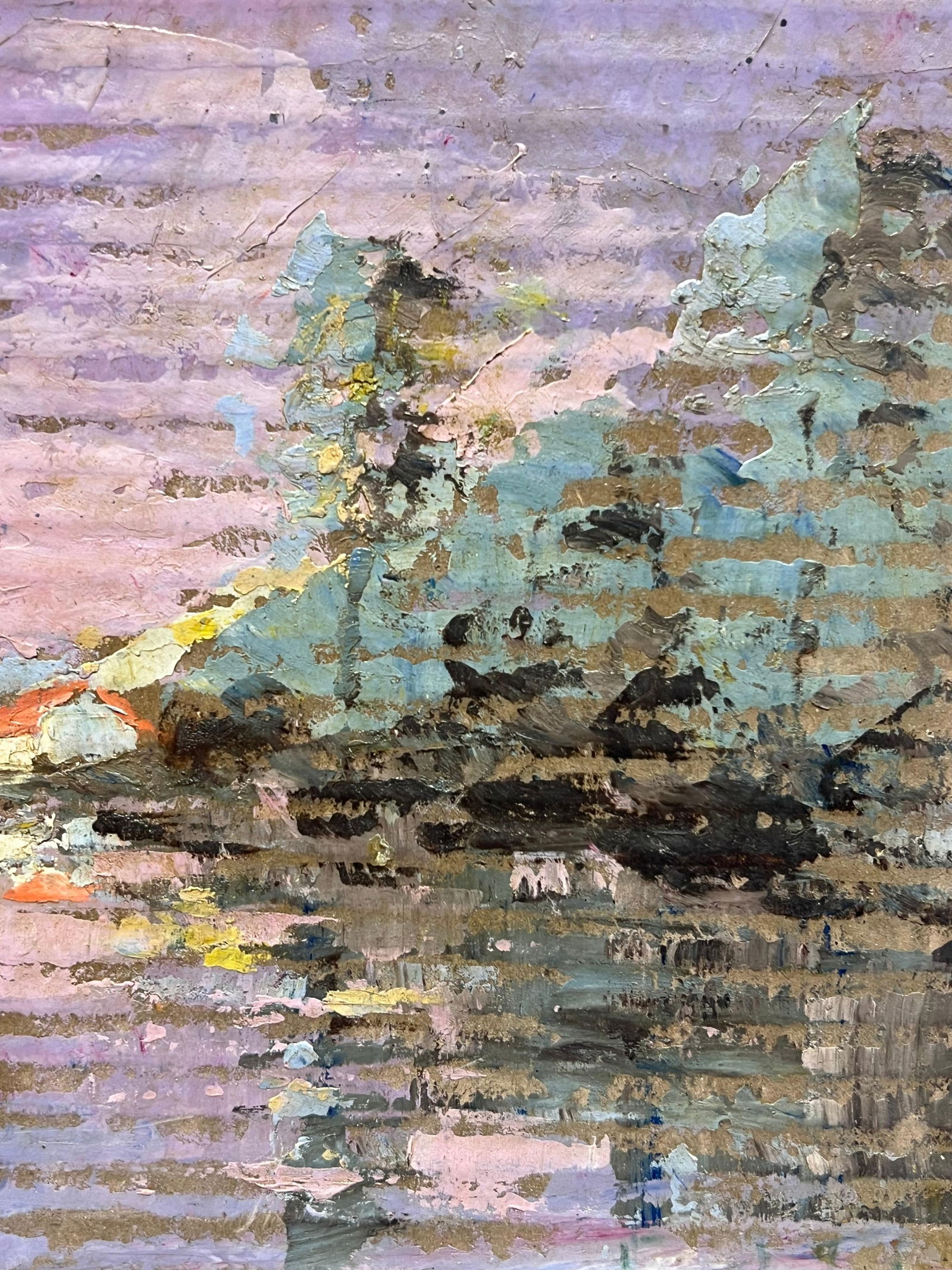 Fanch Lel; French Impressionist Purple Lakeside Landscape with Red Roof Cottages at Sunset - 10