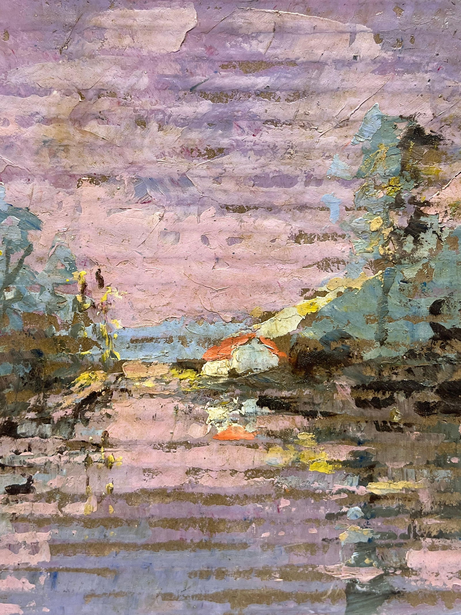 Fanch Lel; French Impressionist Purple Lakeside Landscape with Red Roof Cottages at Sunset - 11