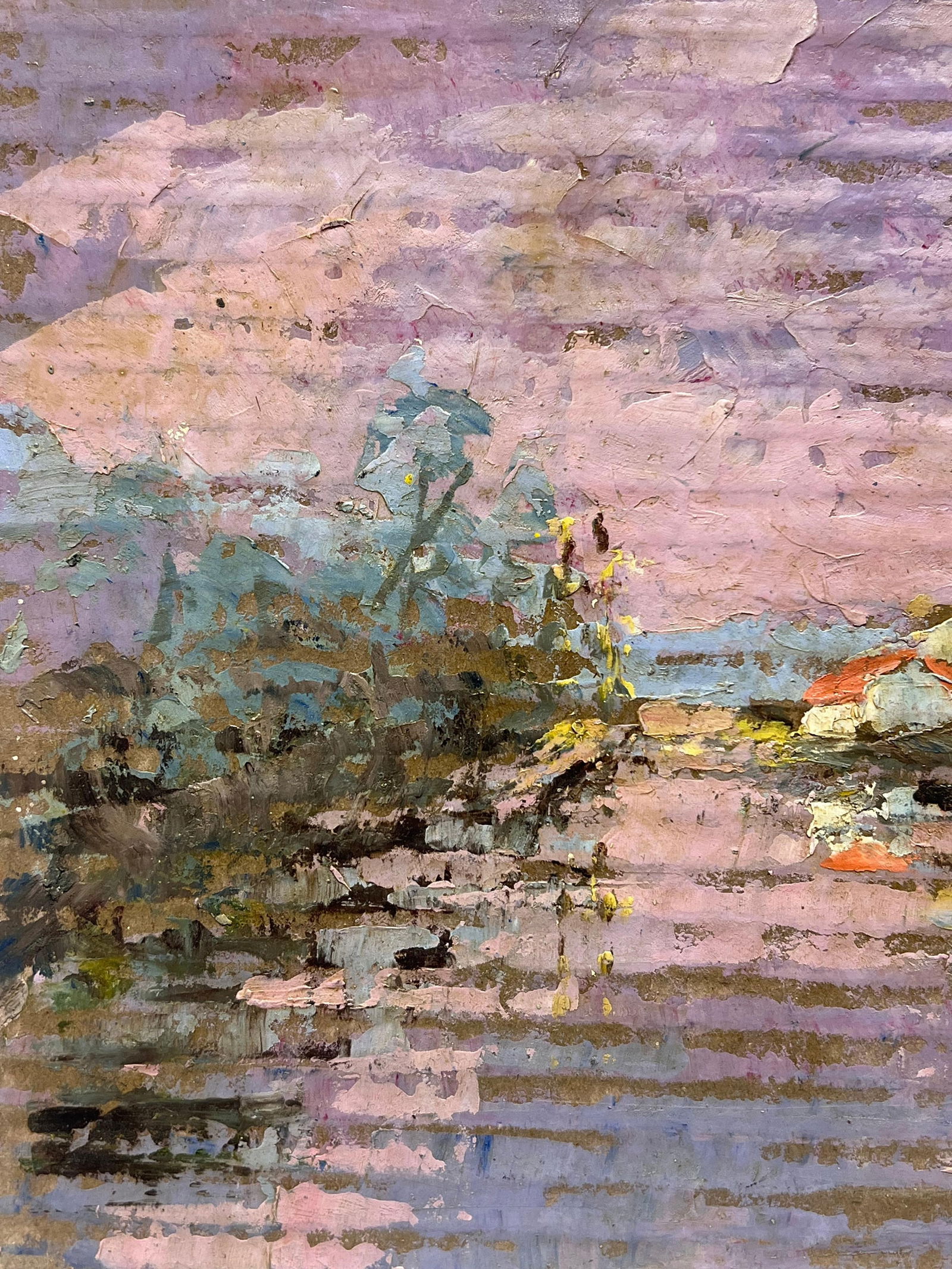 Fanch Lel; French Impressionist Purple Lakeside Landscape with Red Roof Cottages at Sunset - 15