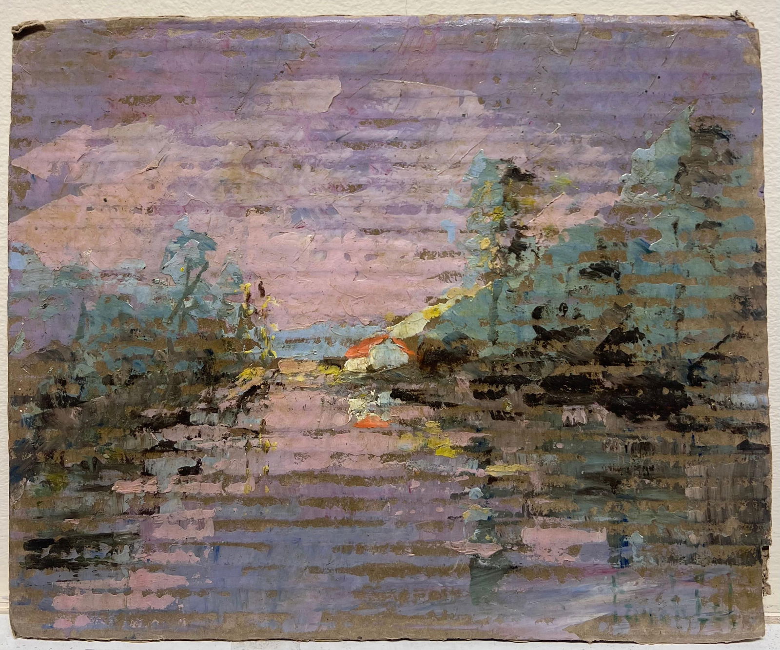 Fanch Lel; French Impressionist Purple Lakeside Landscape with Red Roof Cottages at Sunset - 2