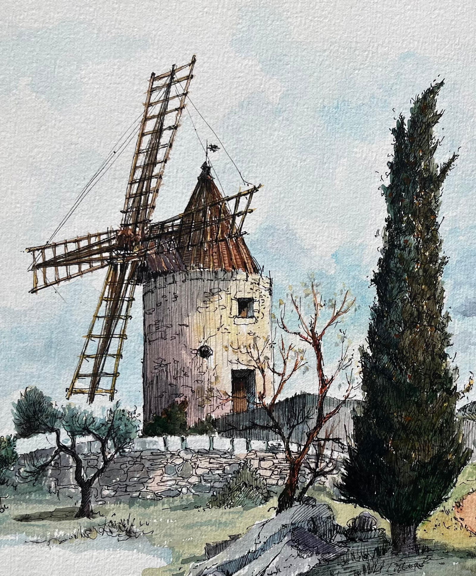 Robert Lepine (1929 - 2017); French Watercolor of Moulin de Daudet in Fontvieille Provence, 20th - 2