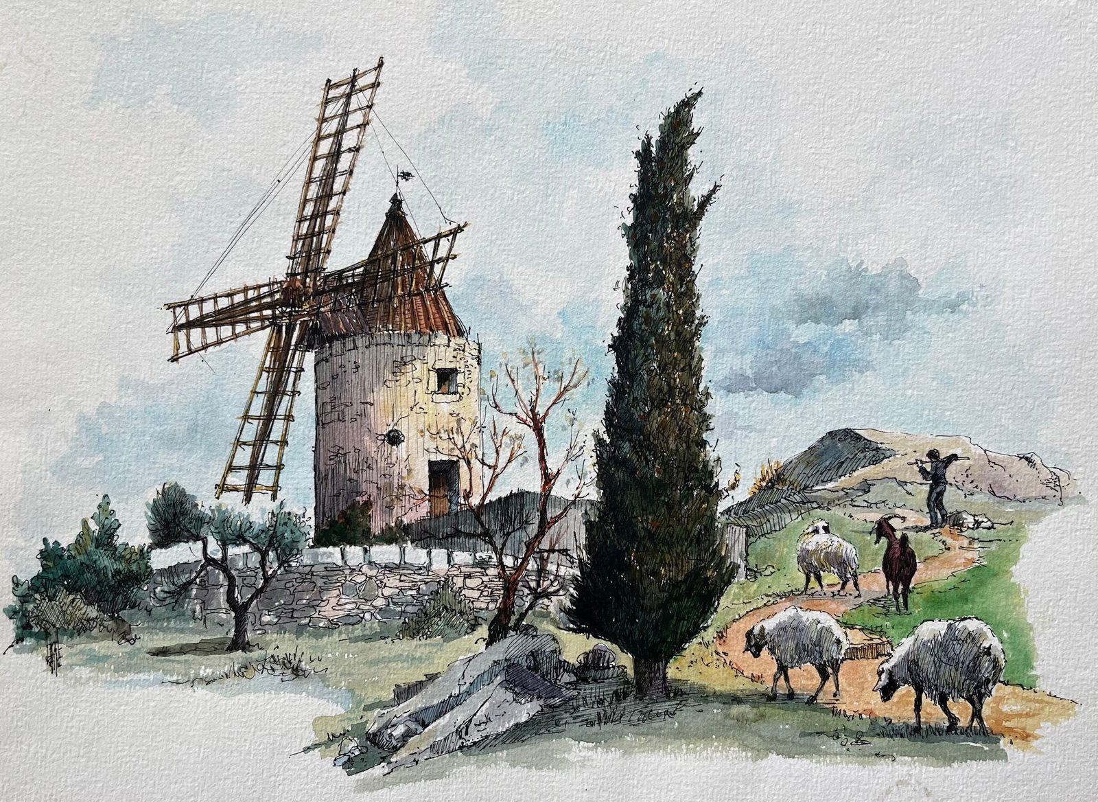 Robert Lepine (1929 - 2017); French Watercolor of Moulin de Daudet in Fontvieille Provence, 20th - 4