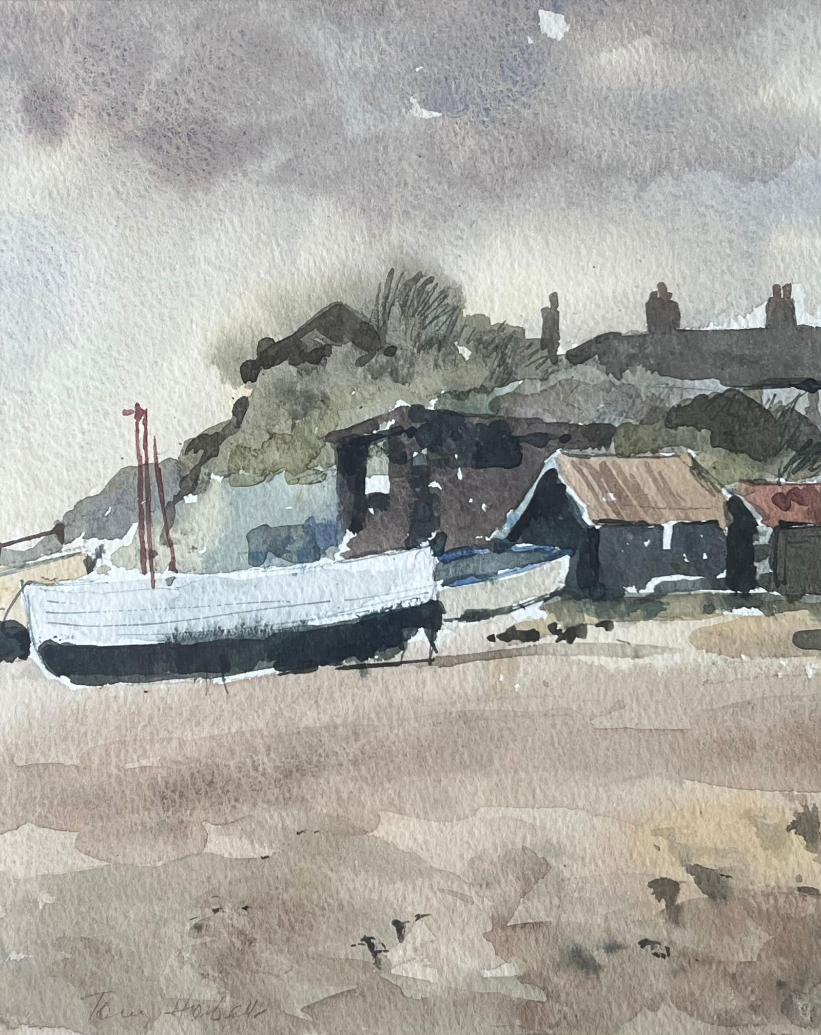 Anthony Herbert; Boats Docked on Shore By Weathered Wooden Sheds with Rusted Roofs Watercolour - 8