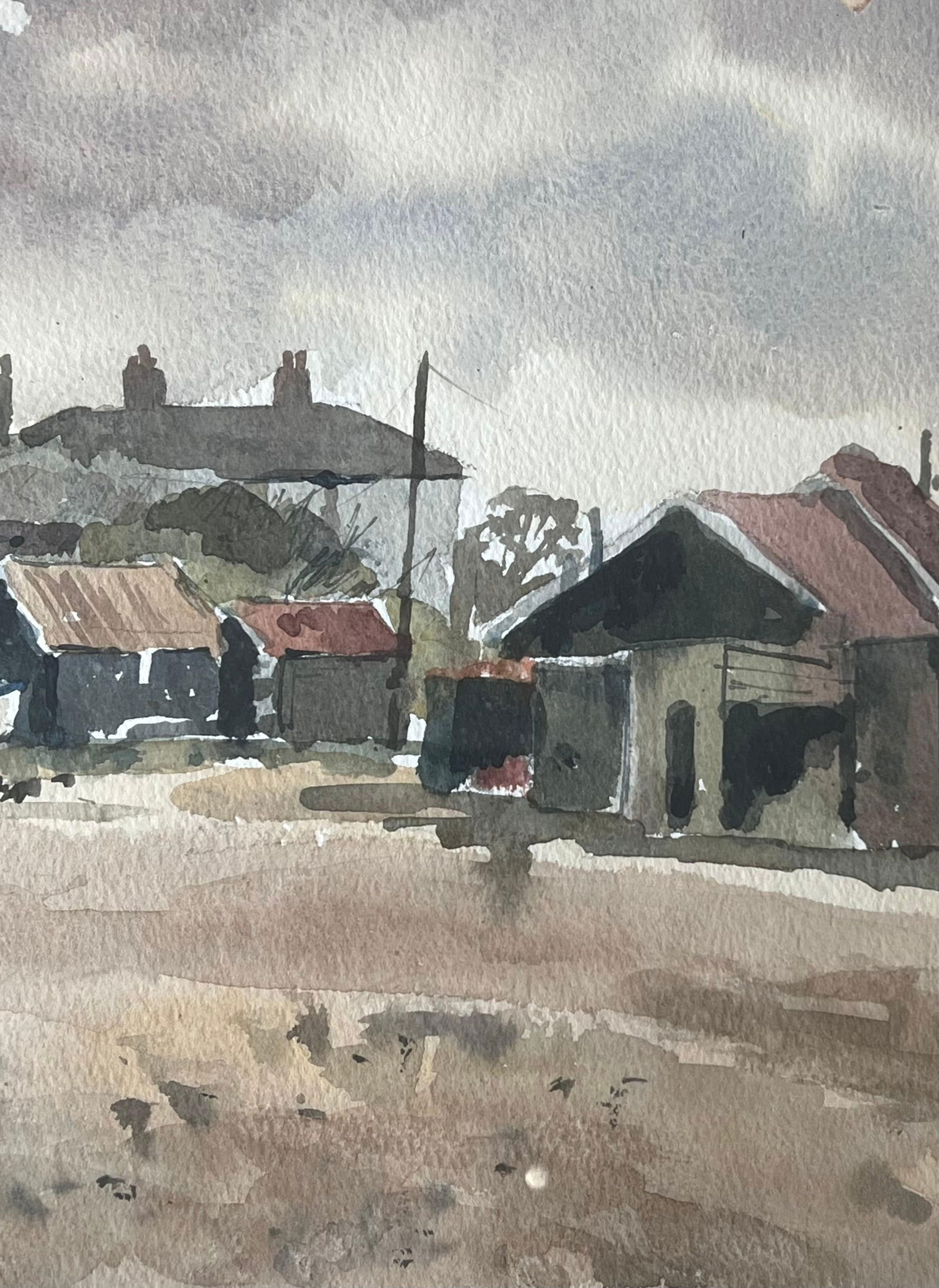 Anthony Herbert; Boats Docked on Shore By Weathered Wooden Sheds with Rusted Roofs Watercolour - 9