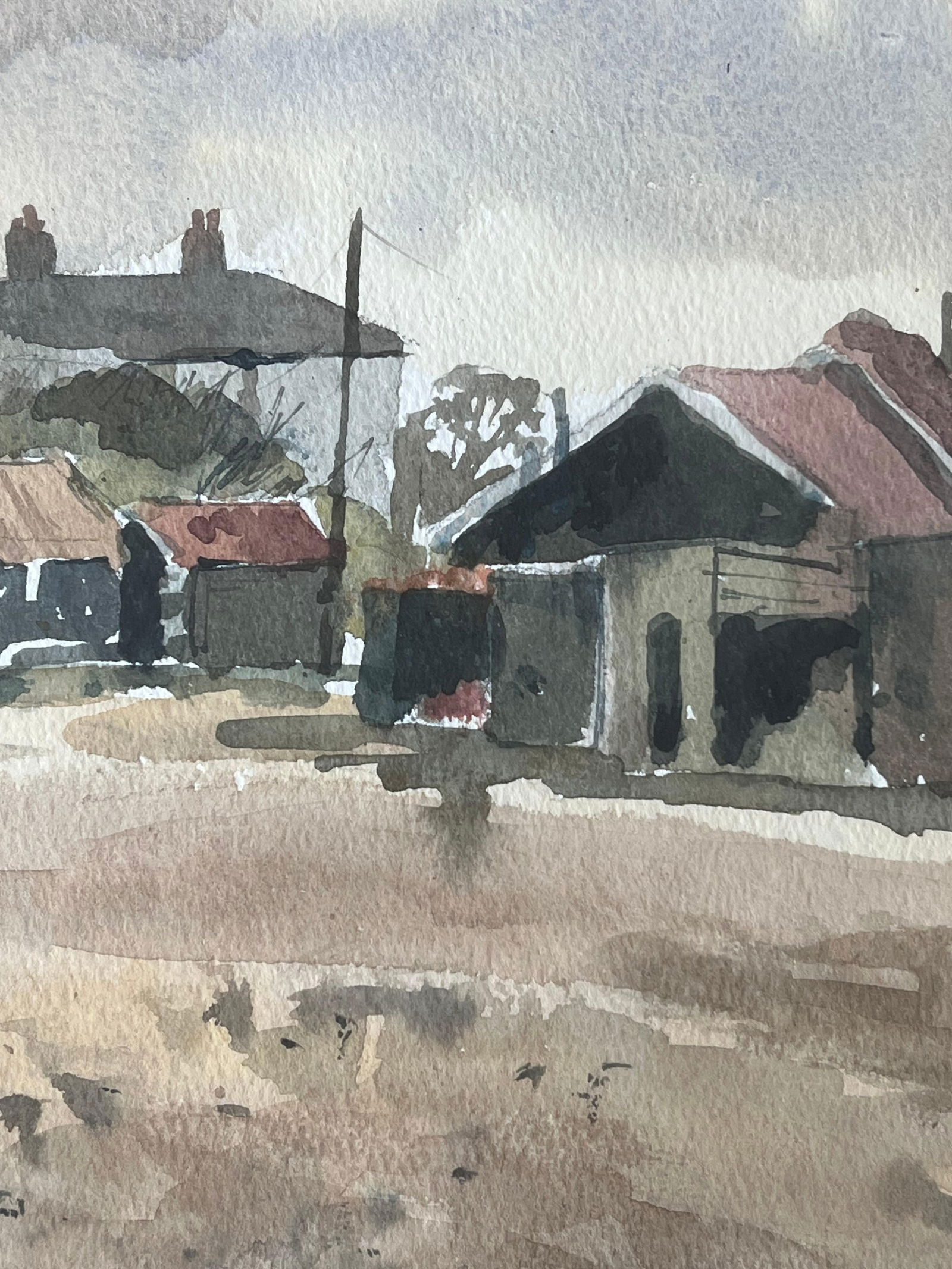 Anthony Herbert; Boats Docked on Shore By Weathered Wooden Sheds with Rusted Roofs Watercolour - 13