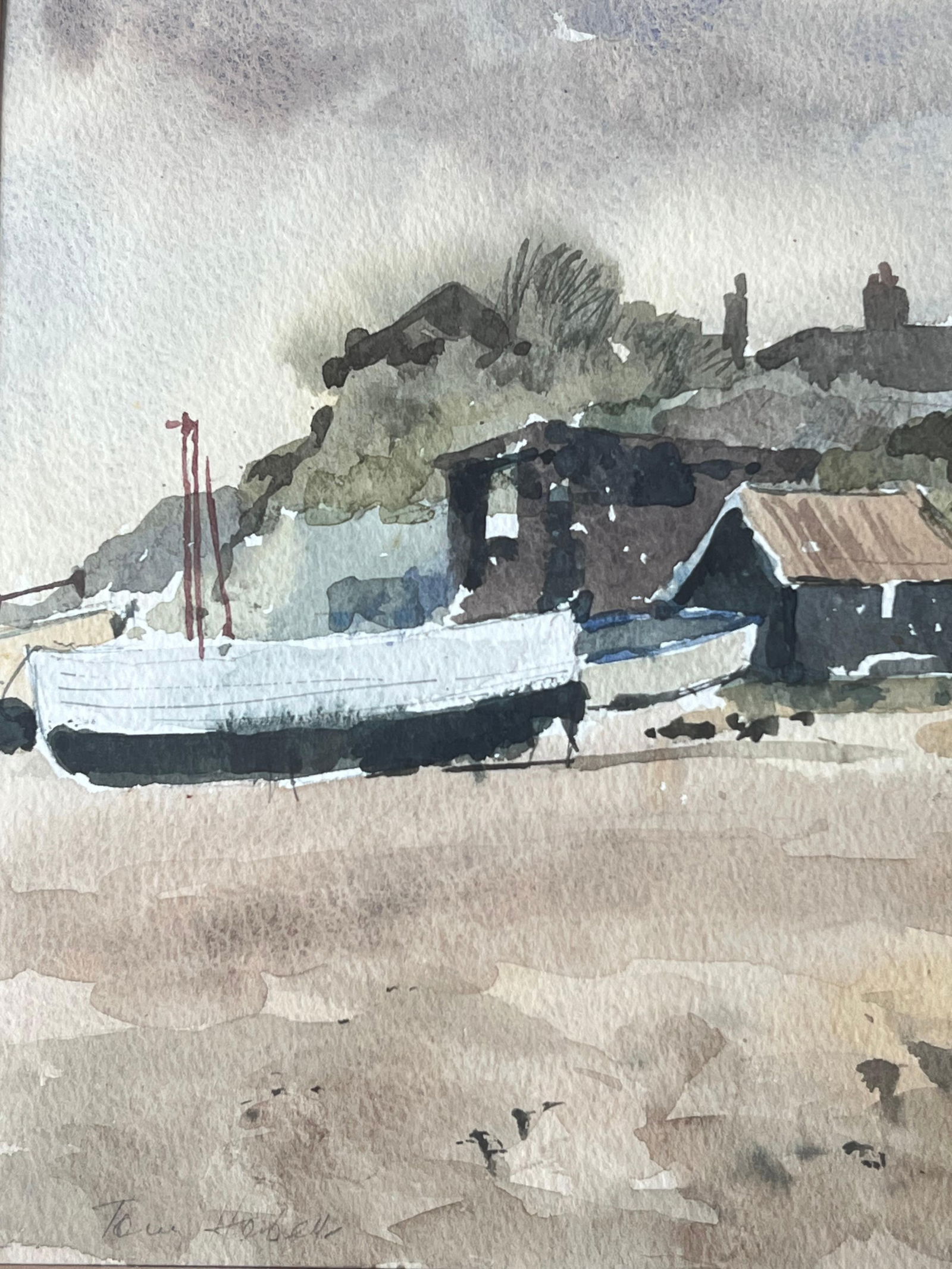 Anthony Herbert; Boats Docked on Shore By Weathered Wooden Sheds with Rusted Roofs Watercolour - 14