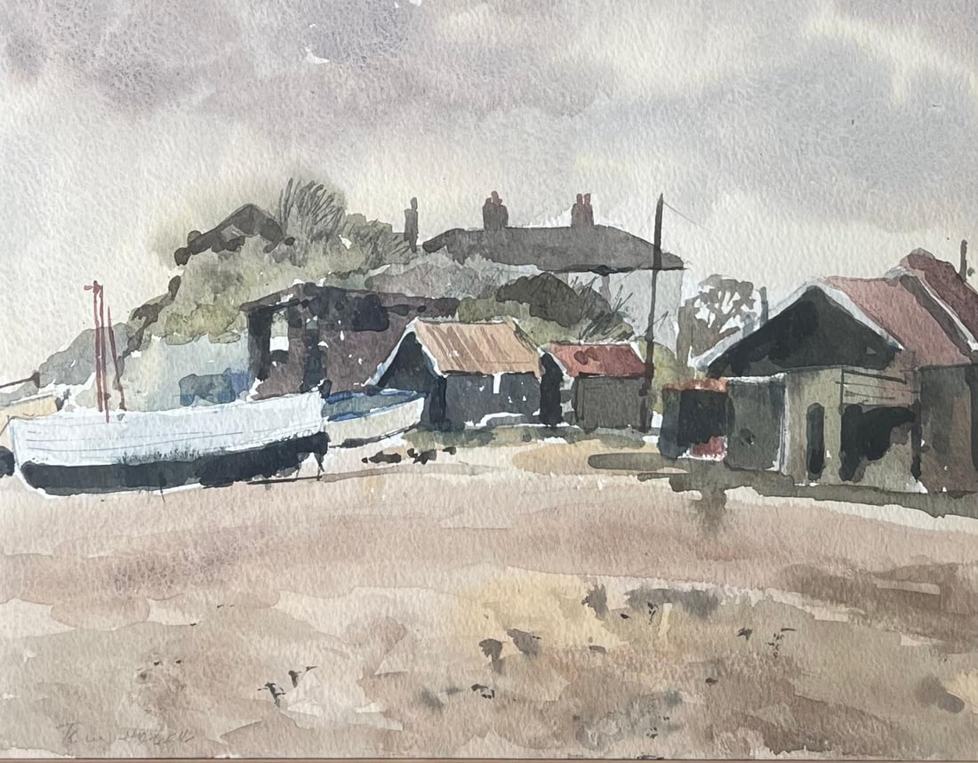 Anthony Herbert; Boats Docked on Shore By Weathered Wooden Sheds with Rusted Roofs Watercolour - 5