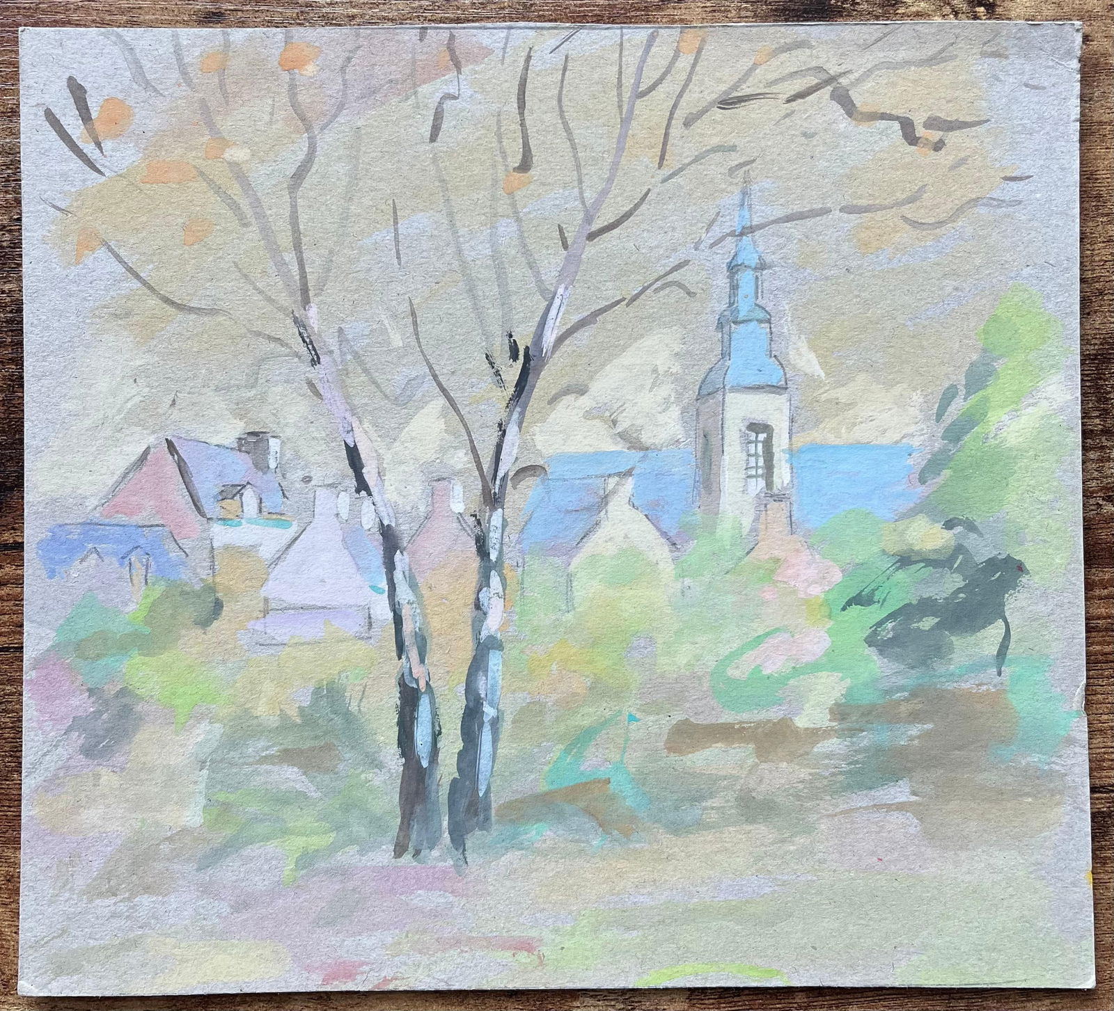 Fanch Lel; French Village Church and Trees in Soft Pastel Gouache Style - 15