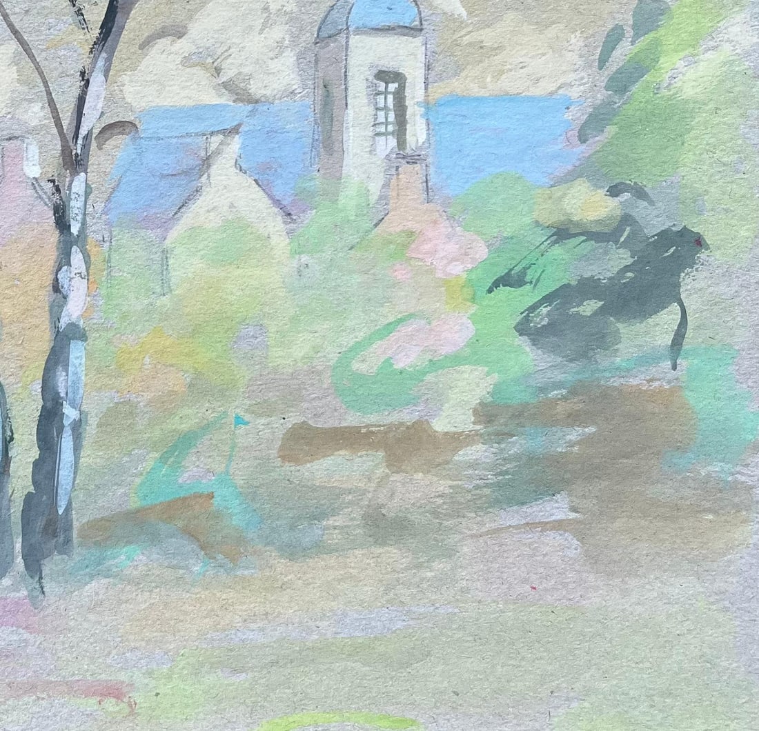 Fanch Lel; French Village Church and Trees in Soft Pastel Gouache Style - 17