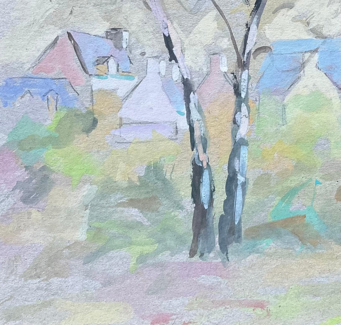 Fanch Lel; French Village Church and Trees in Soft Pastel Gouache Style - 19