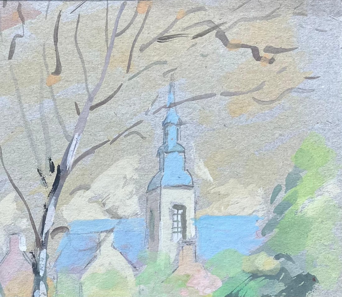 Fanch Lel; French Village Church and Trees in Soft Pastel Gouache Style - 2