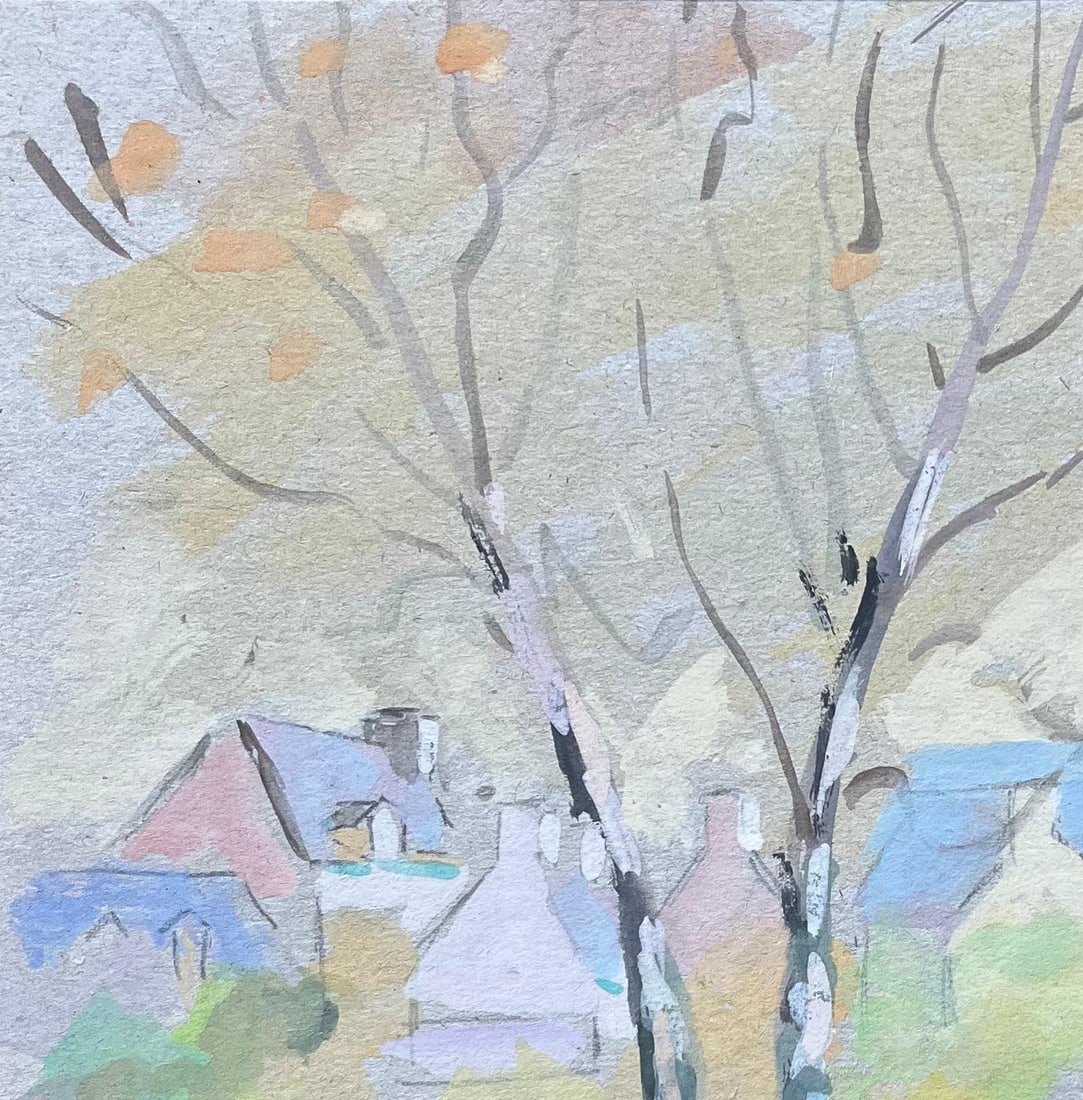 Fanch Lel; French Village Church and Trees in Soft Pastel Gouache Style - 4