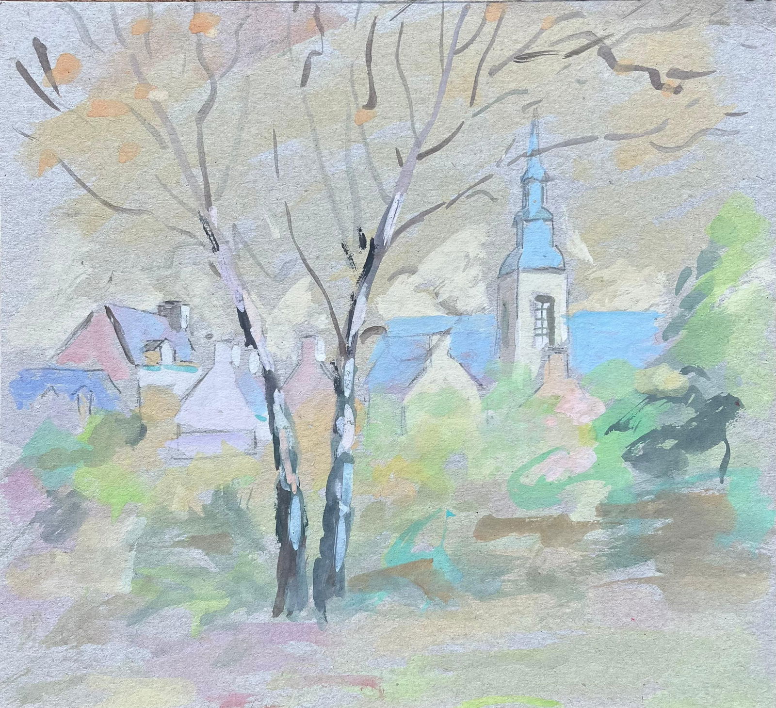 Fanch Lel; French Village Church and Trees in Soft Pastel Gouache Style - 7