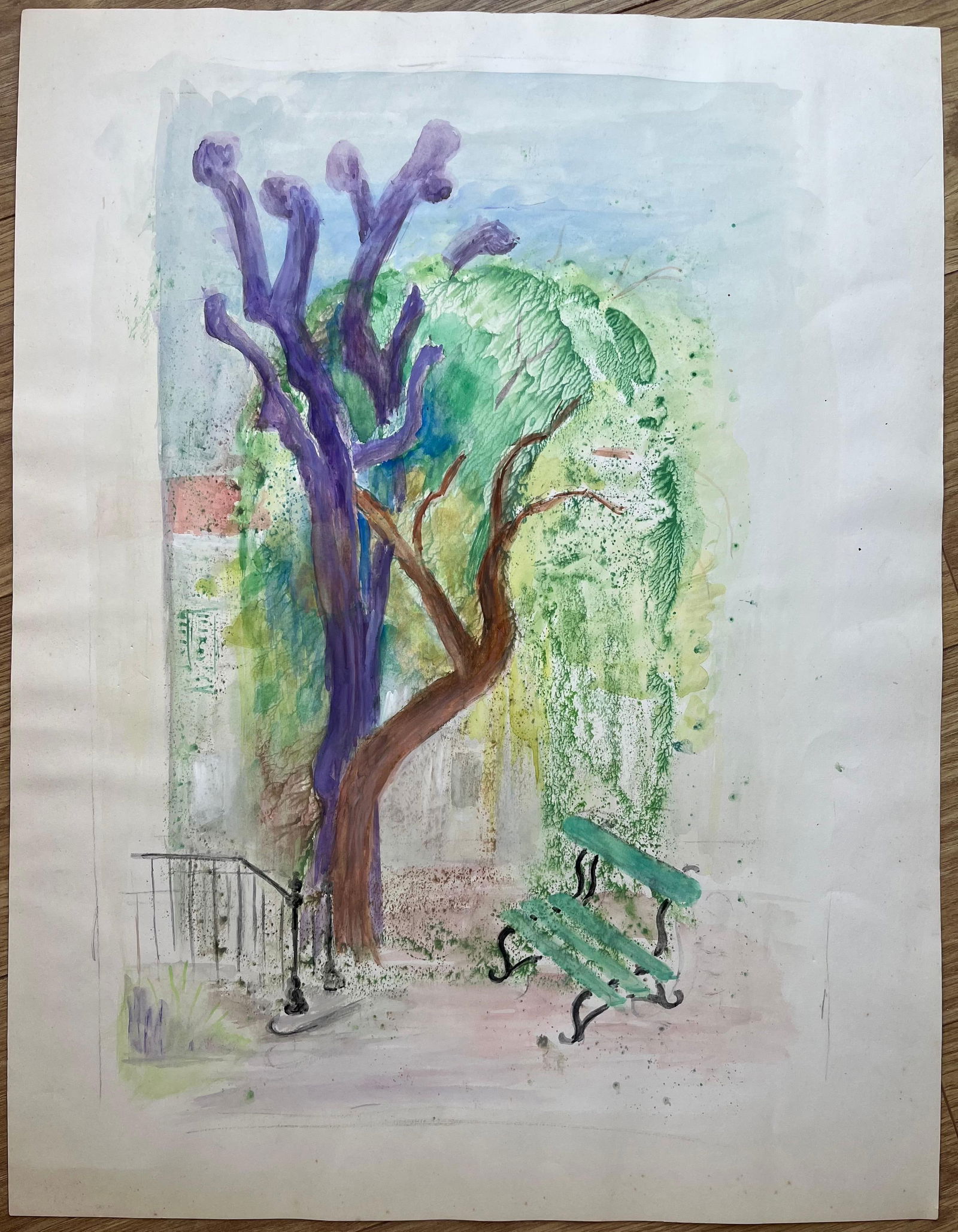 Anne Marie Migette Perard; French Mid 20th Century Watercolor of Park Bench and Colorful Trees - 13