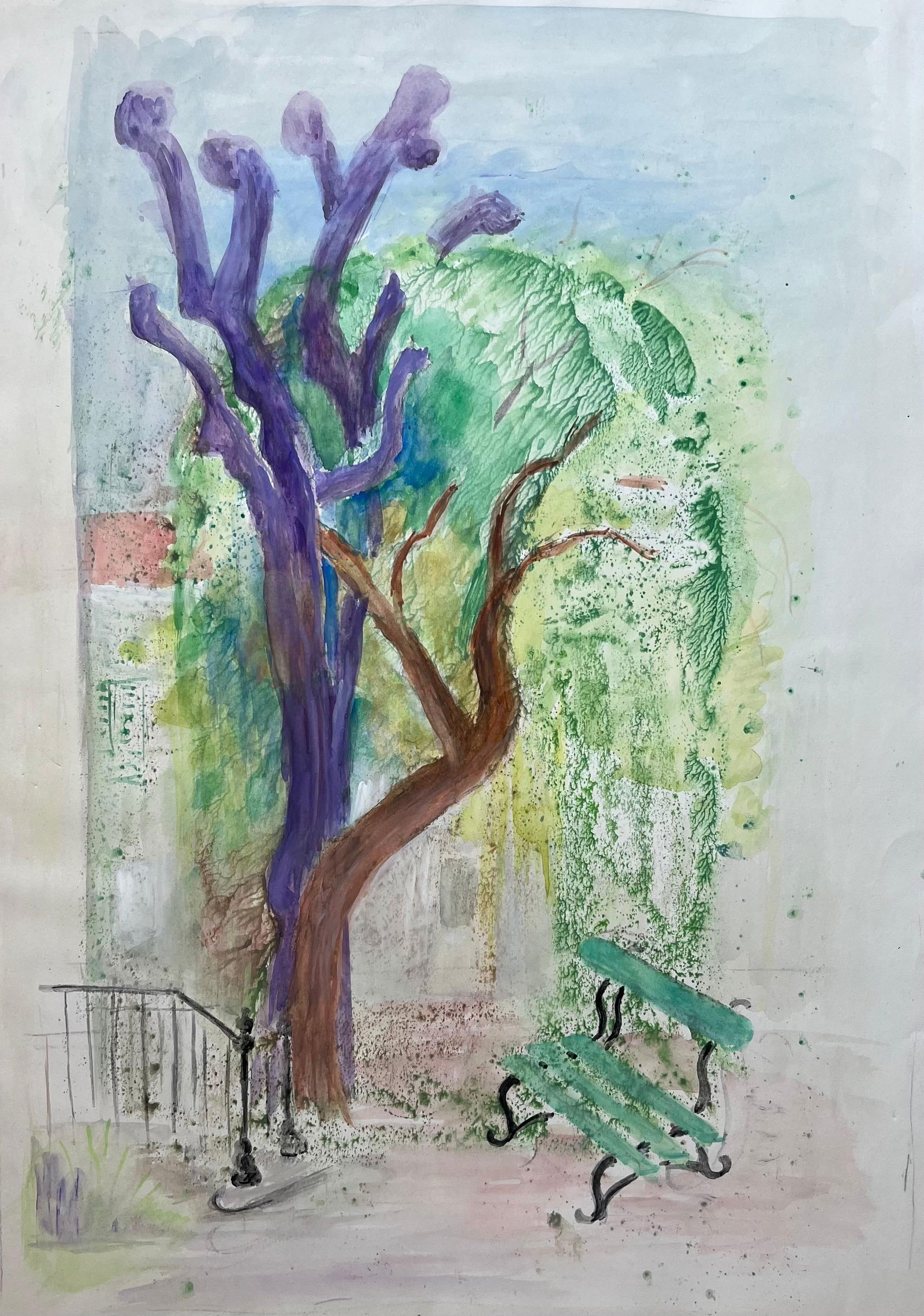 Anne Marie Migette Perard; French Mid 20th Century Watercolor of Park Bench and Colorful Trees - 4