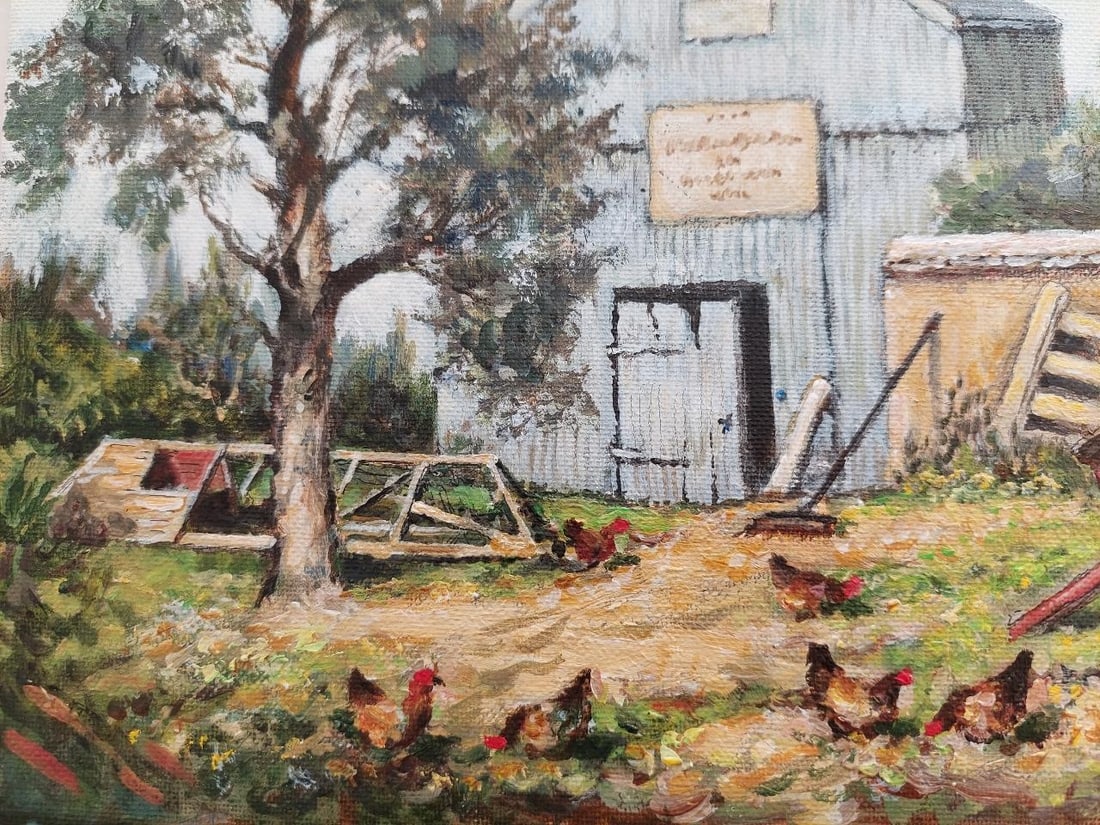 English School; Traditional English Painting Scots Pine and Chickens in a Cornish Farmyard, 20th - 13