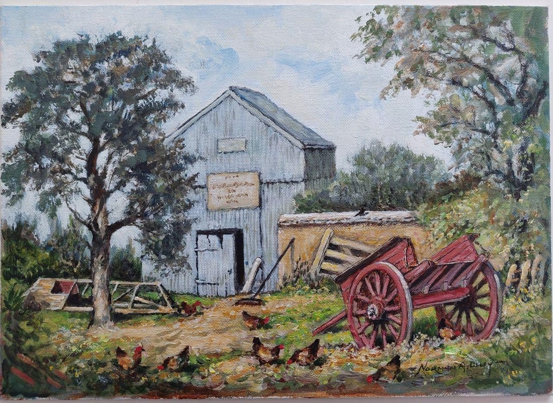 English School; Traditional English Painting Scots Pine and Chickens in a Cornish Farmyard, 20th - 16