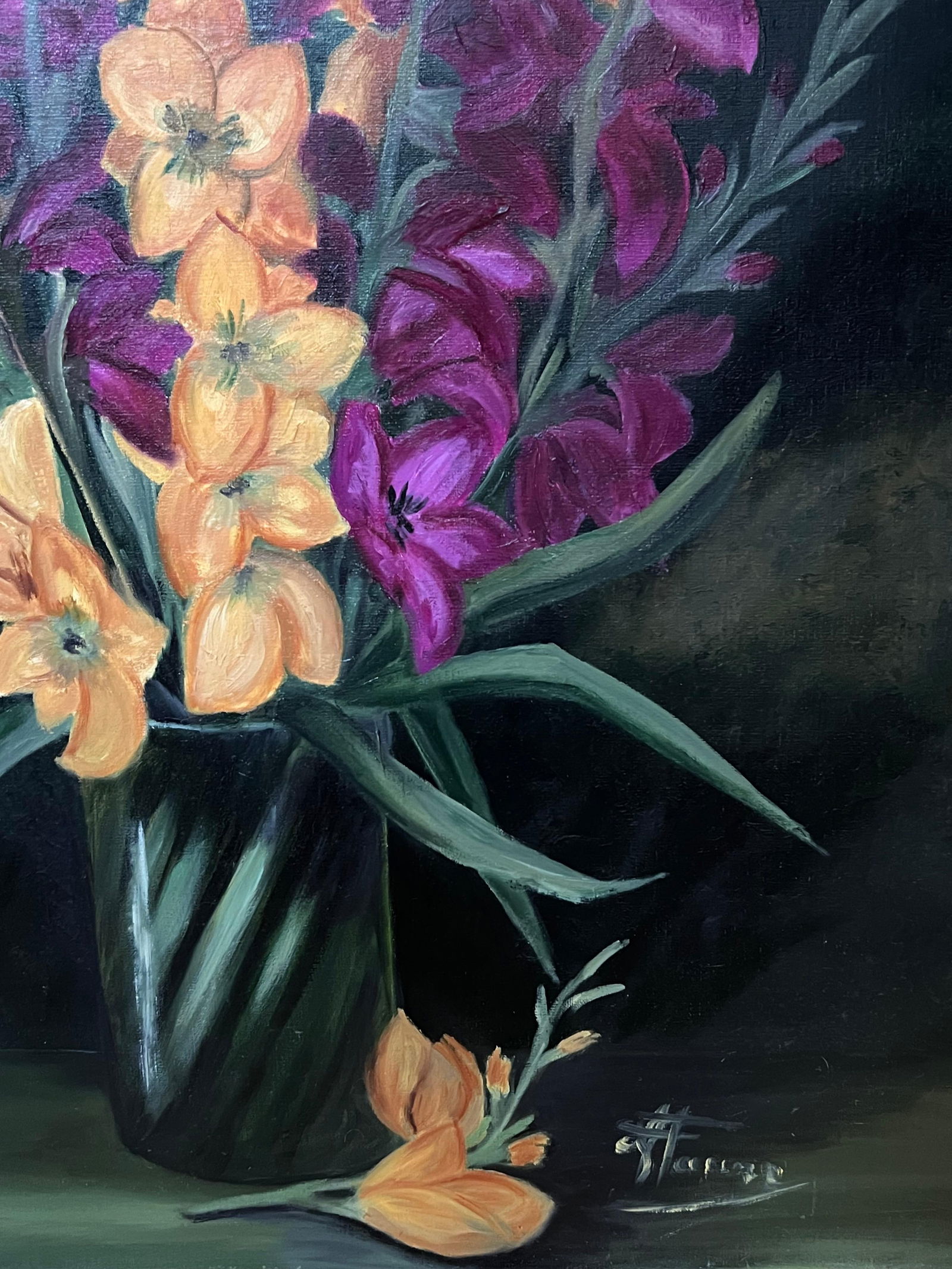 Annie Faure; Purple and Orange Gladiolus Bouquet Still Life 20th Century French Oil Painting - 7