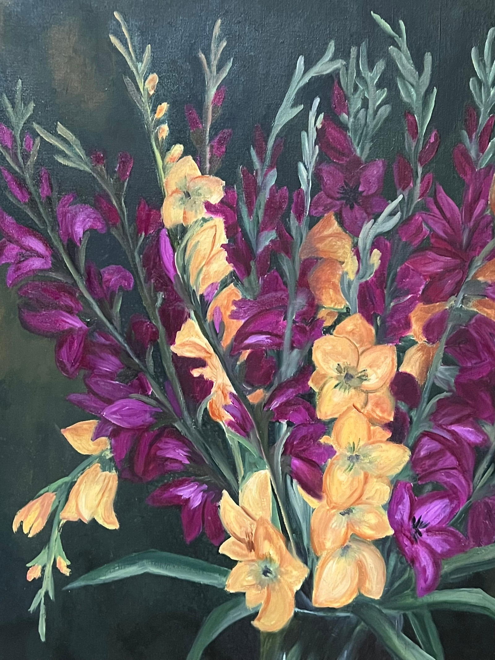 Annie Faure; Purple and Orange Gladiolus Bouquet Still Life 20th Century French Oil Painting - 8